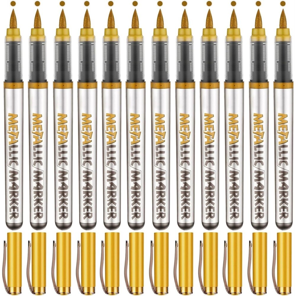 Metallic Acrylic Paint Markers 12 Pack Brush Tip for Wood Glass Stone Fabric